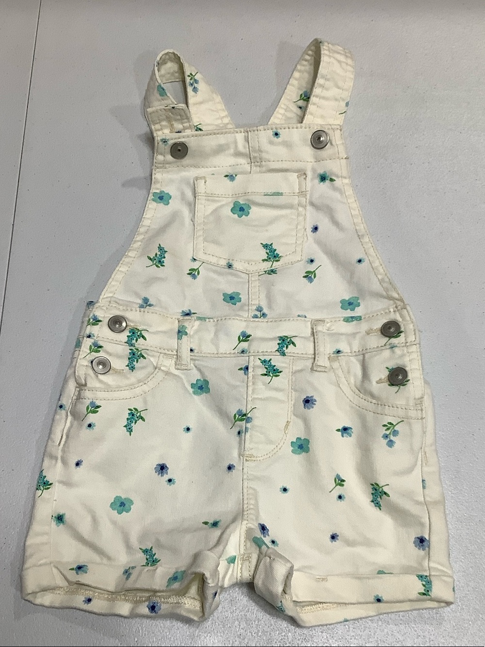 Wonder Nation Girls Shortalls Denim Size 3T Ivory Floral Pattern